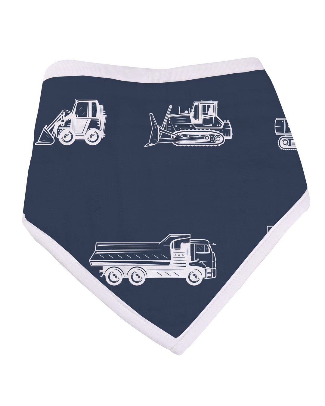 Navy blue bandana with white construction vehicle illustrations on a white background