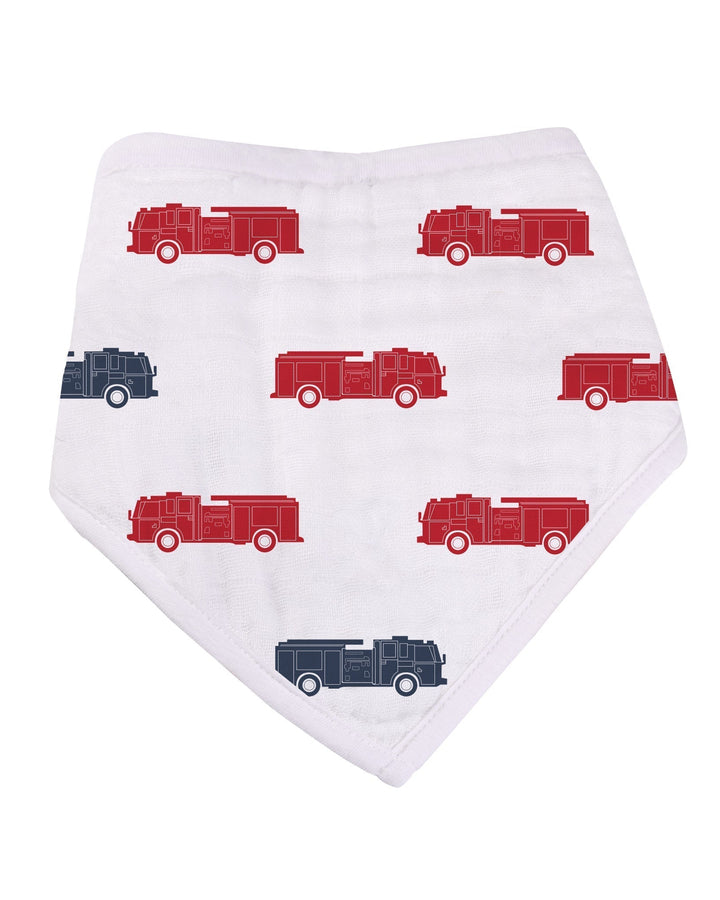 White bandana bib with red and blue fire truck patterns on a white background