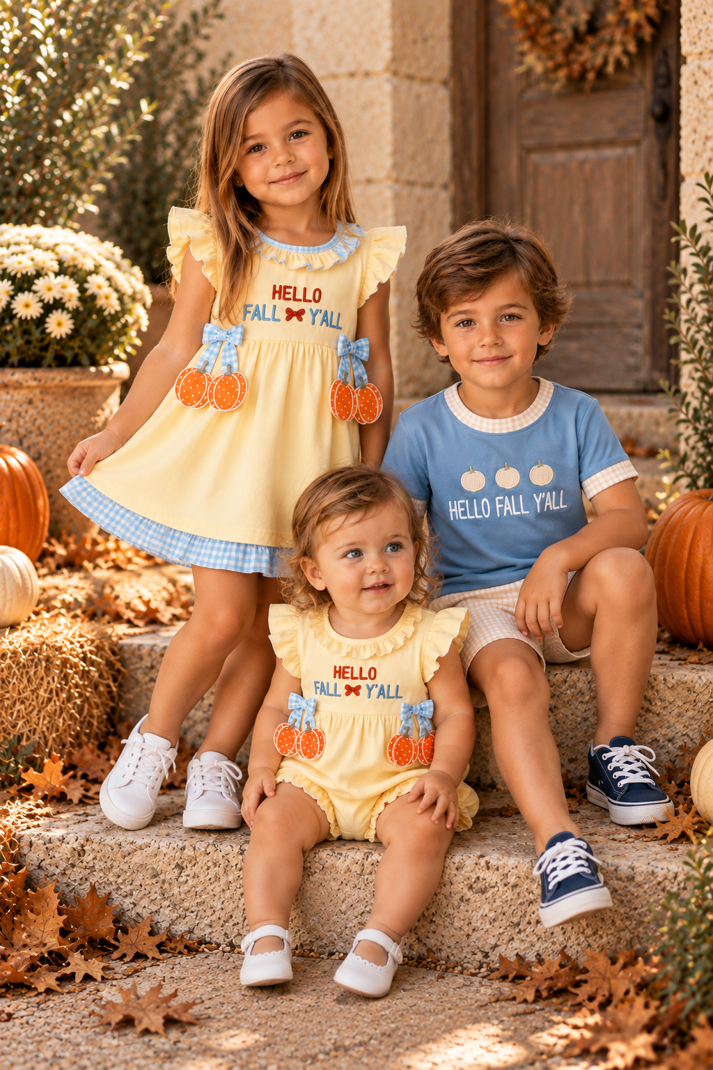 Three siblings in matching fall outfits. They are sitting a steps in front of a wooden door