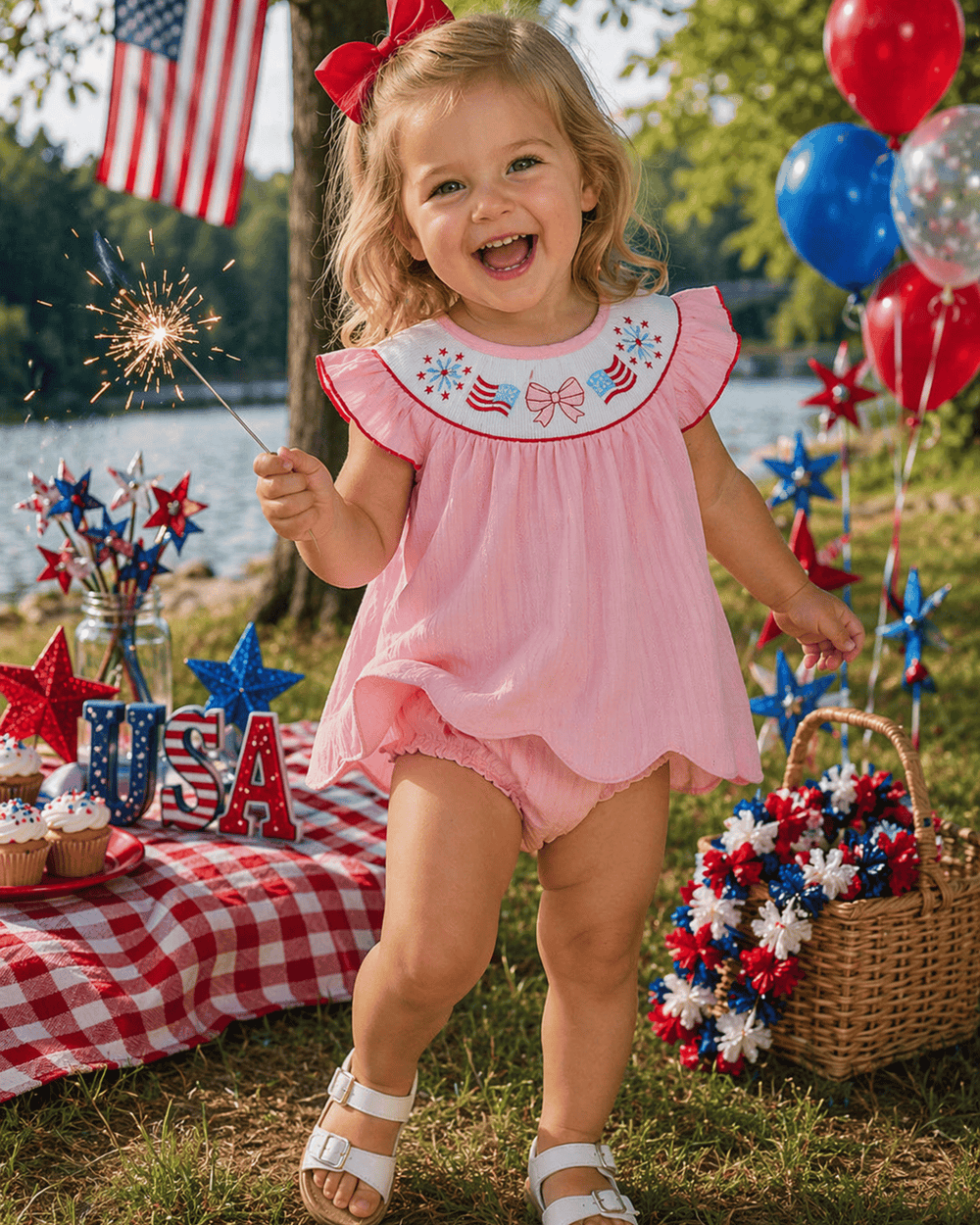 Child in a pink outfit with American flag design holding a sparkler, surrounded by balloons and decorations.