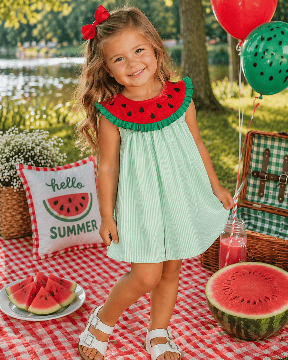 Young girl in a watermelon-themed dress standing outdoors with picnic setup and balloons.