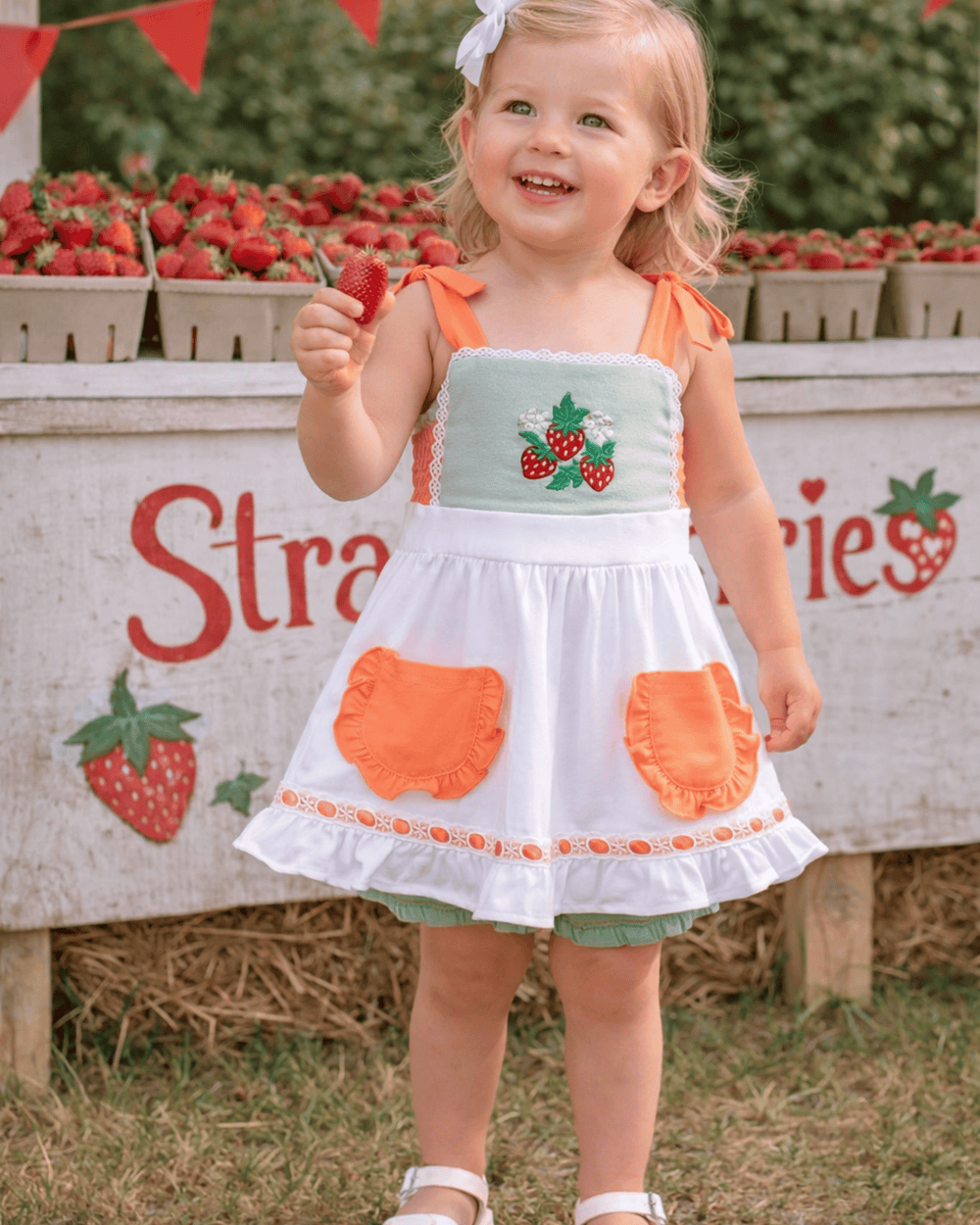 Child in a strawberry-themed dress holding a red object, standing in front of strawberry display