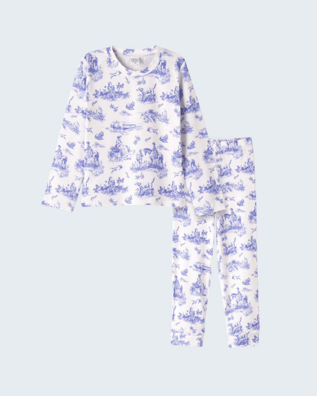Bamboo pajama set with long-sleeve top and pants, blue toile-style print