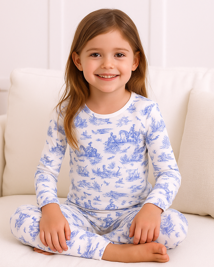 Kids’ long-sleeve pajama set in white with blue toile print, worn with matching pants