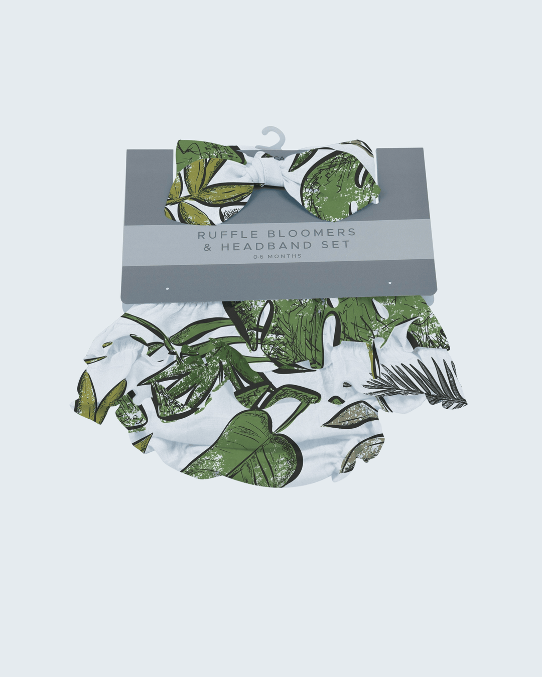 Tropical leaf print ruffle bloomers and matching headband set for baby
