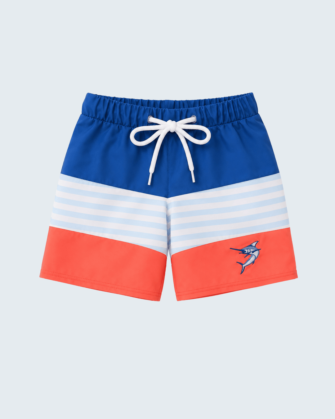 Tuna Embroidered Swim Trunks on light blue background
