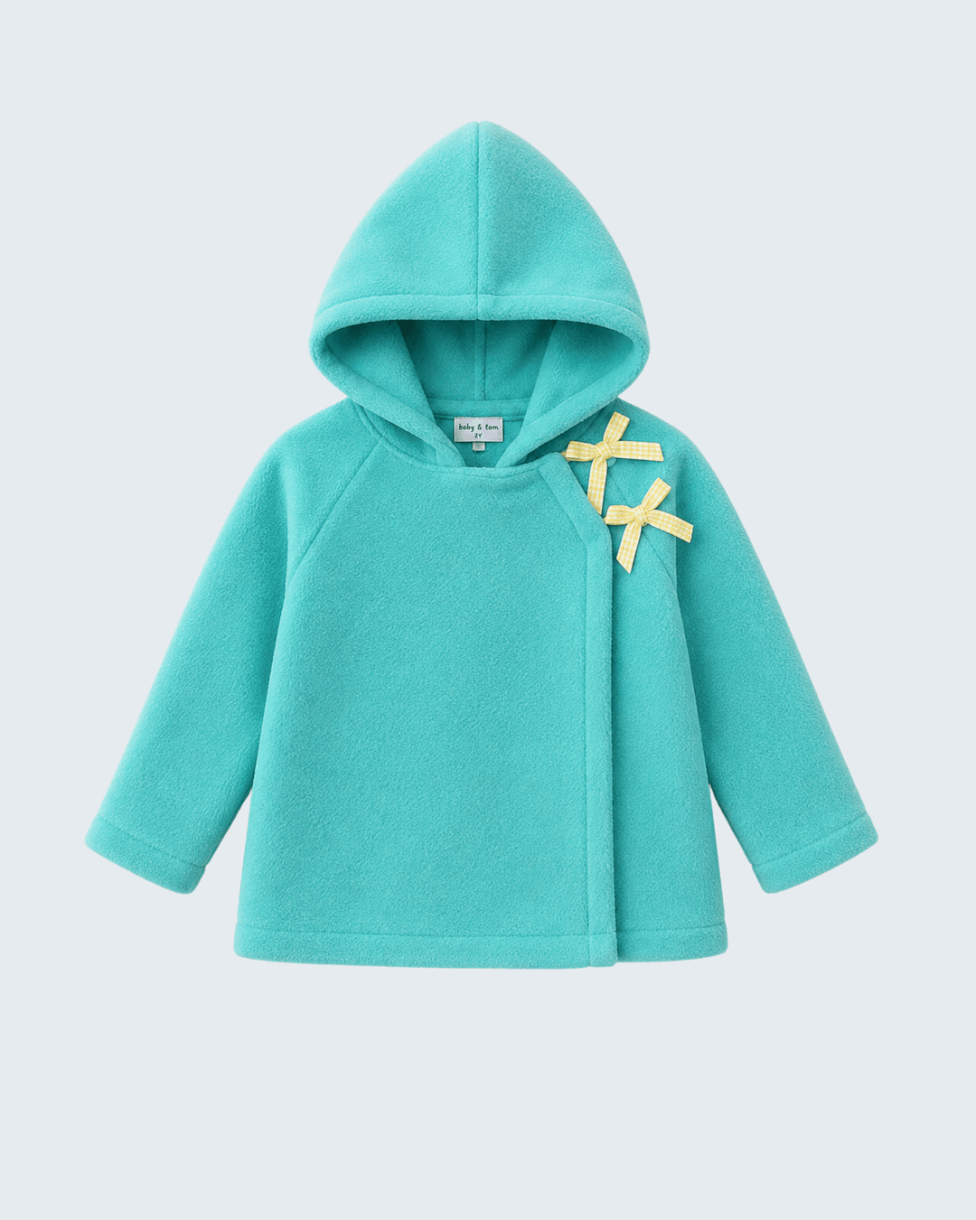 Turquoise fleece hooded coat with yellow bow accent at side
