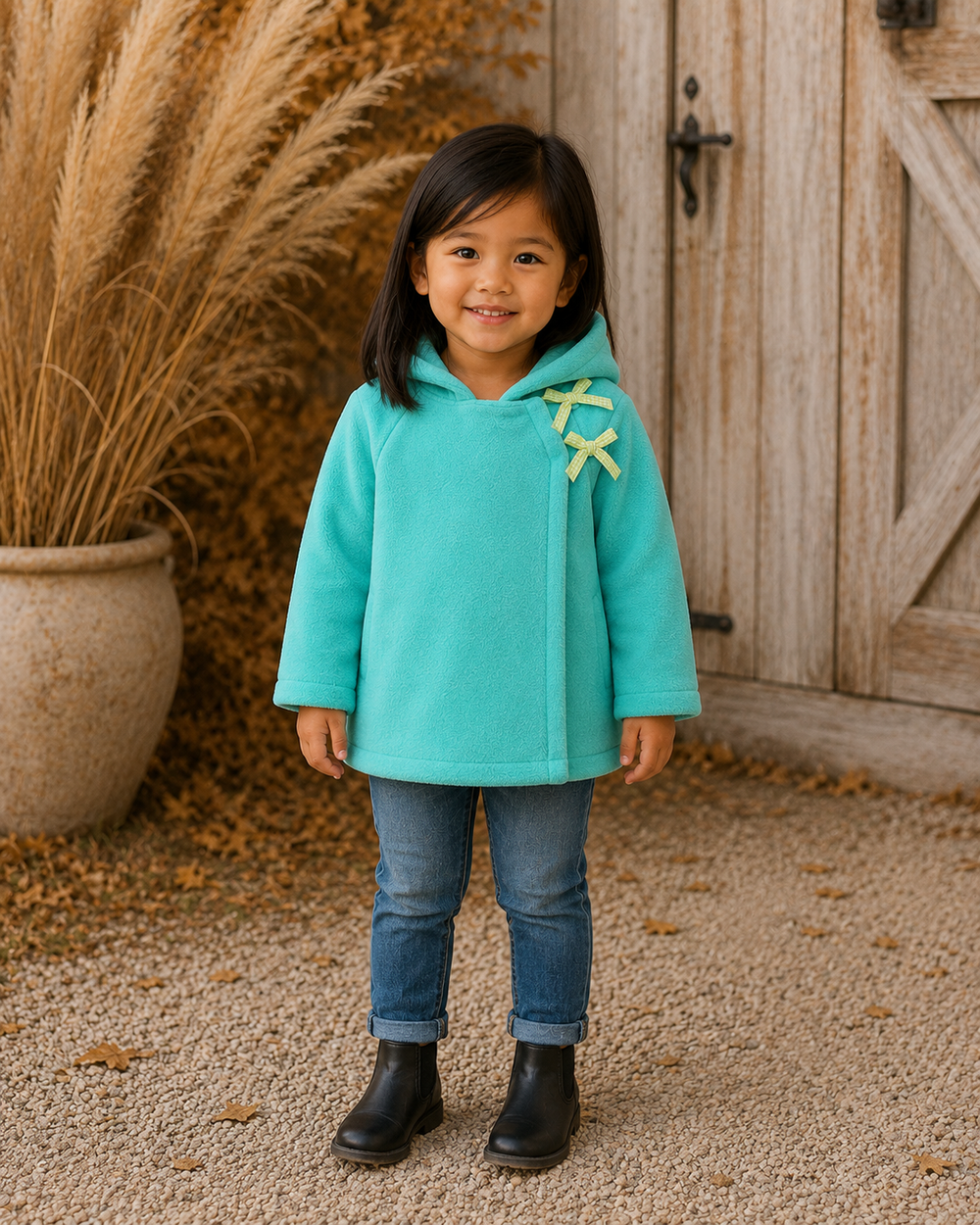 Turquoise fleece bow coat worn by child, hooded with long sleeves