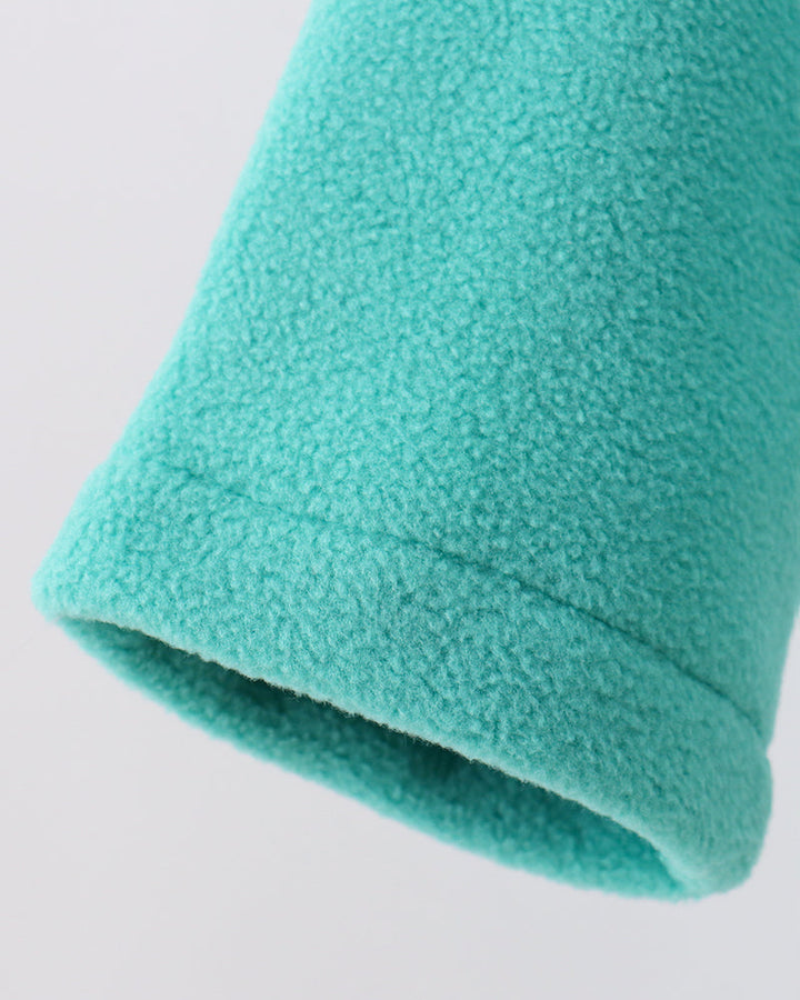 Turquoise fleece hood with soft texture and curved hem opening