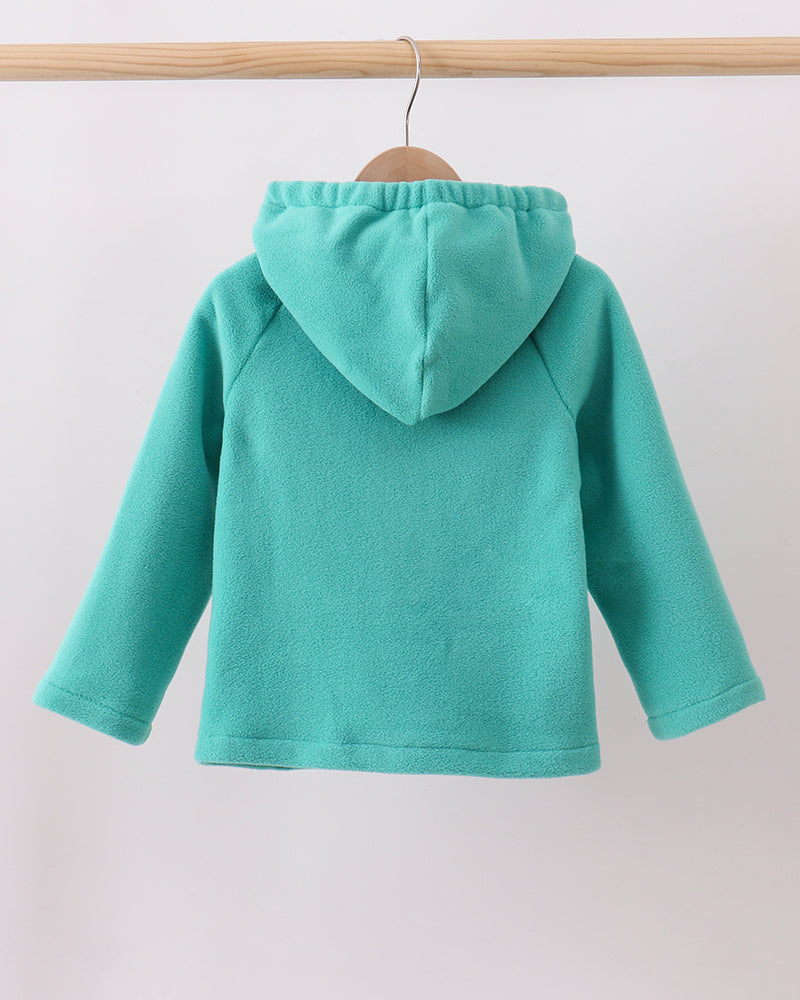 Turquoise fleece hooded coat with long sleeves, back view