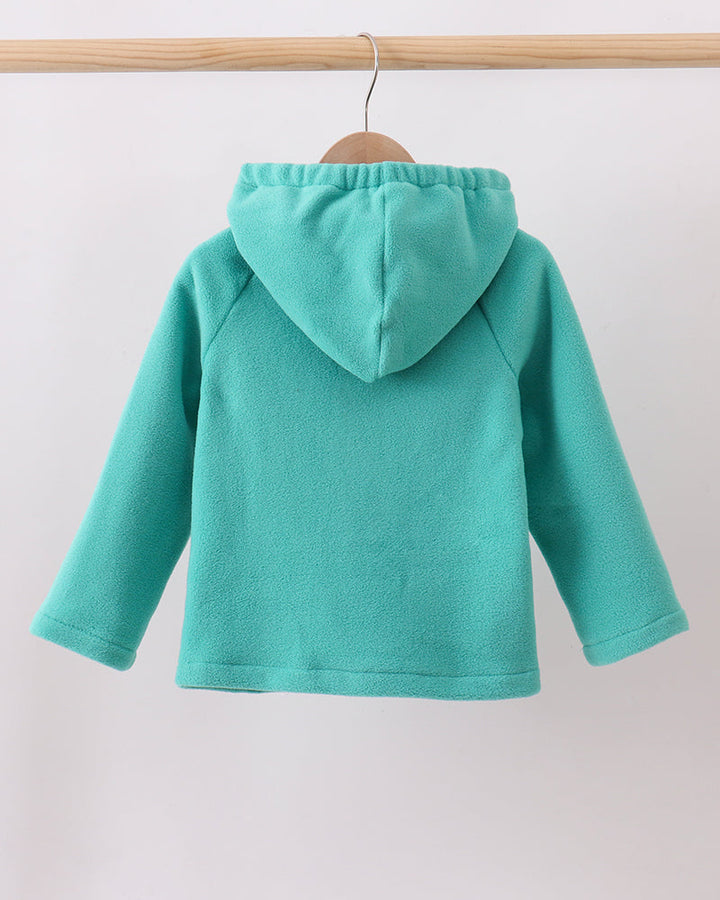 Turquoise fleece hooded coat with long sleeves, back view