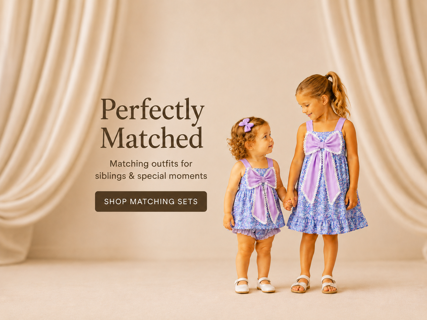 Two children wearing matching outfits with text about perfect matches and shopping for sets.