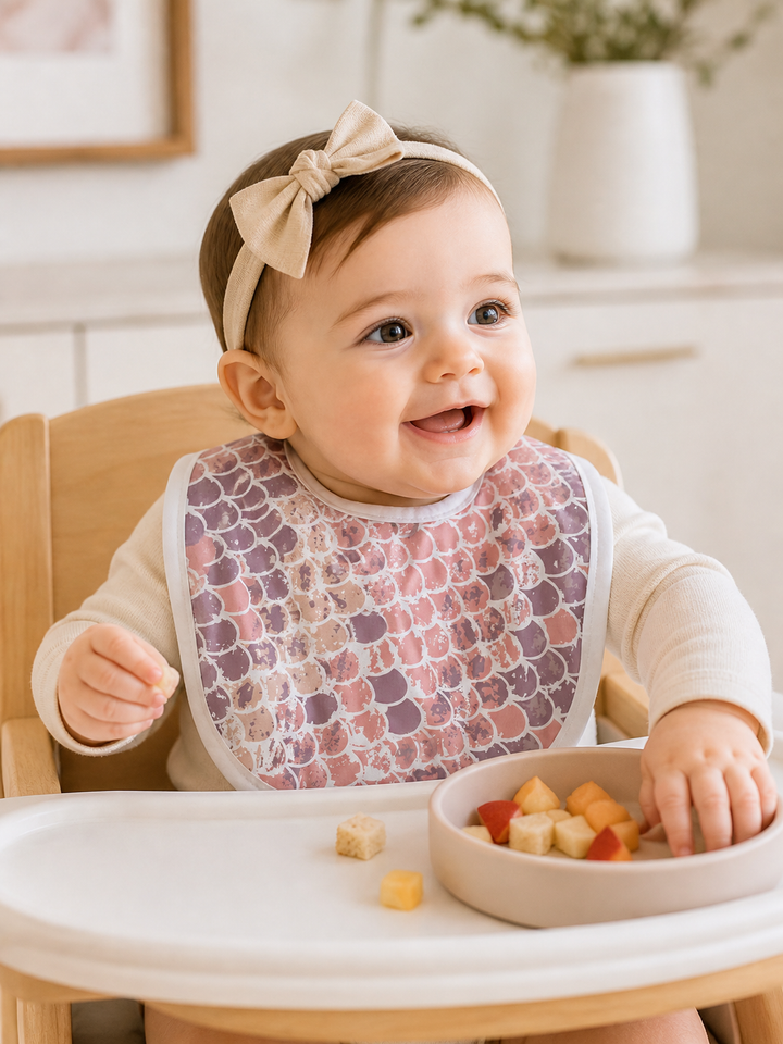 Baby in a high chair with a bib, smiling and eating fruits.
