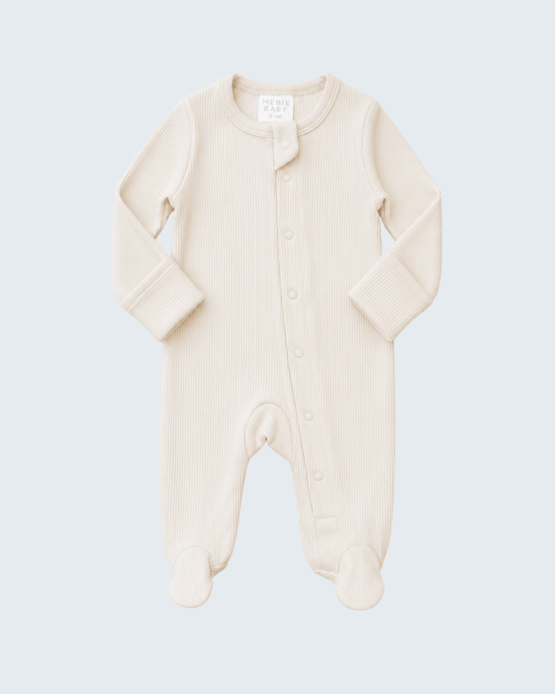 Cream ribbed snap-front baby one-piece with long sleeves and footed cuffs