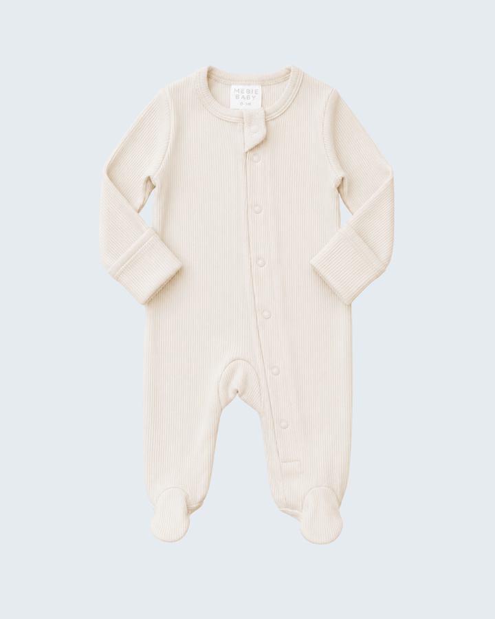 Cream ribbed snap-front baby one-piece with long sleeves and footed cuffs