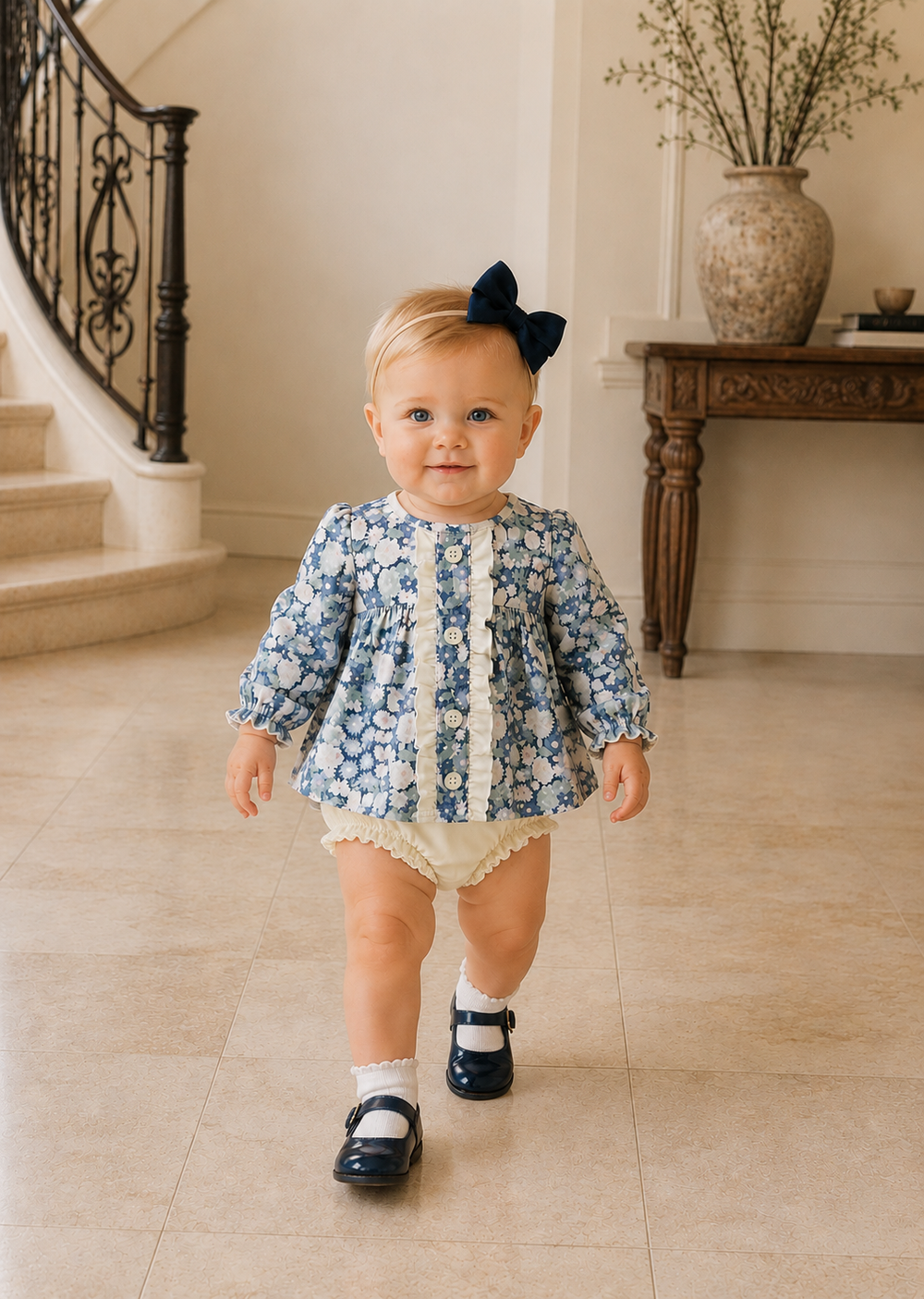 A toddler girl walking towards the camera in a home interior, wearing a blue and white floral long-sleeve cardigan with white ruffle trim, cream diaper cover, white socks, and navy Mary Jane shoes with a navy bow in her hair.