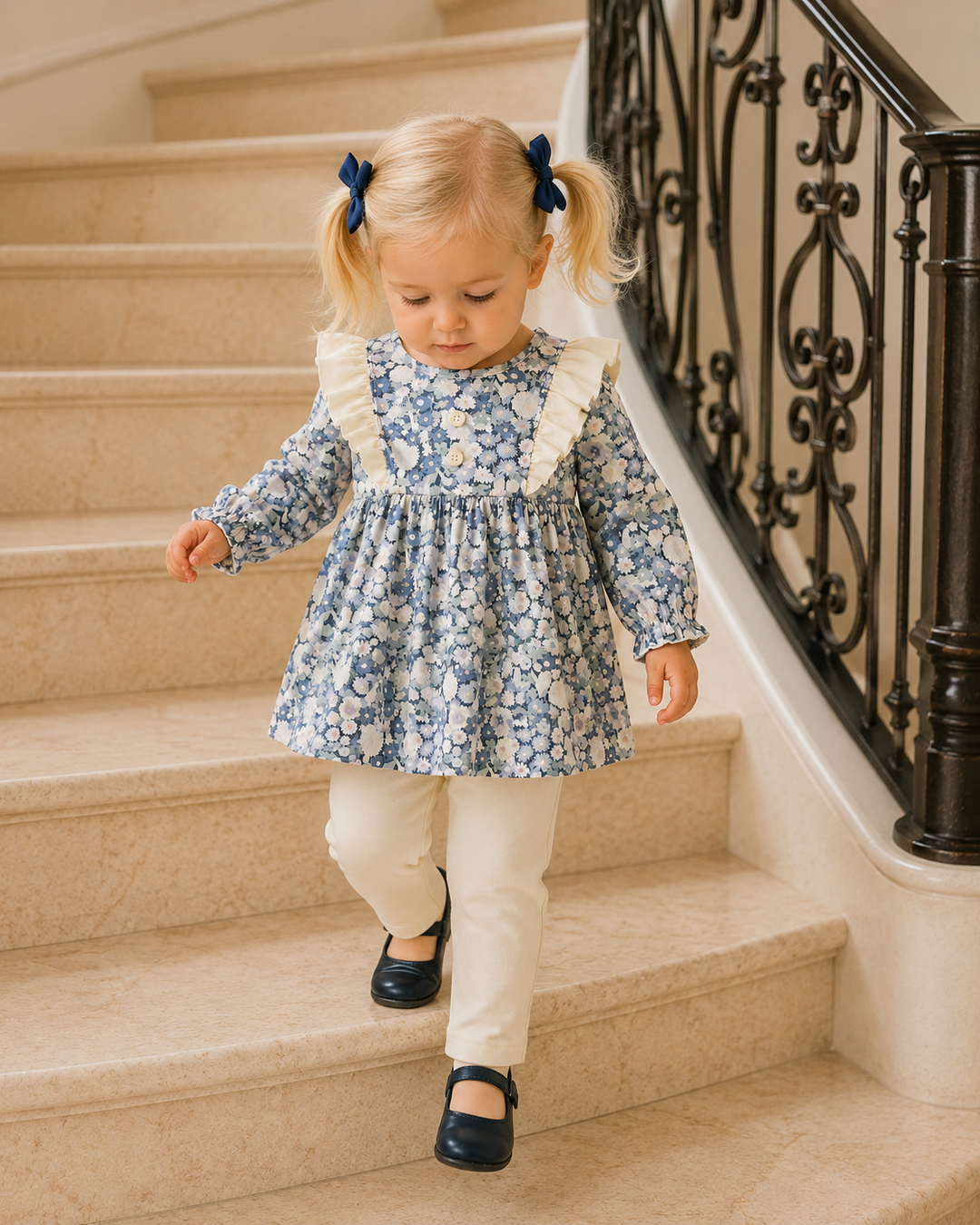 A toddler girl with blonde pigtails wearing a blue and white floral long-sleeve dress, cream pants, and navy shoes walks down a beige stone staircase next to a black wrought-iron railing.