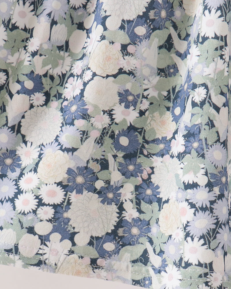 A close-up of a floral fabric print featuring white, light blue, and sage green flowers on a dusty blue background.