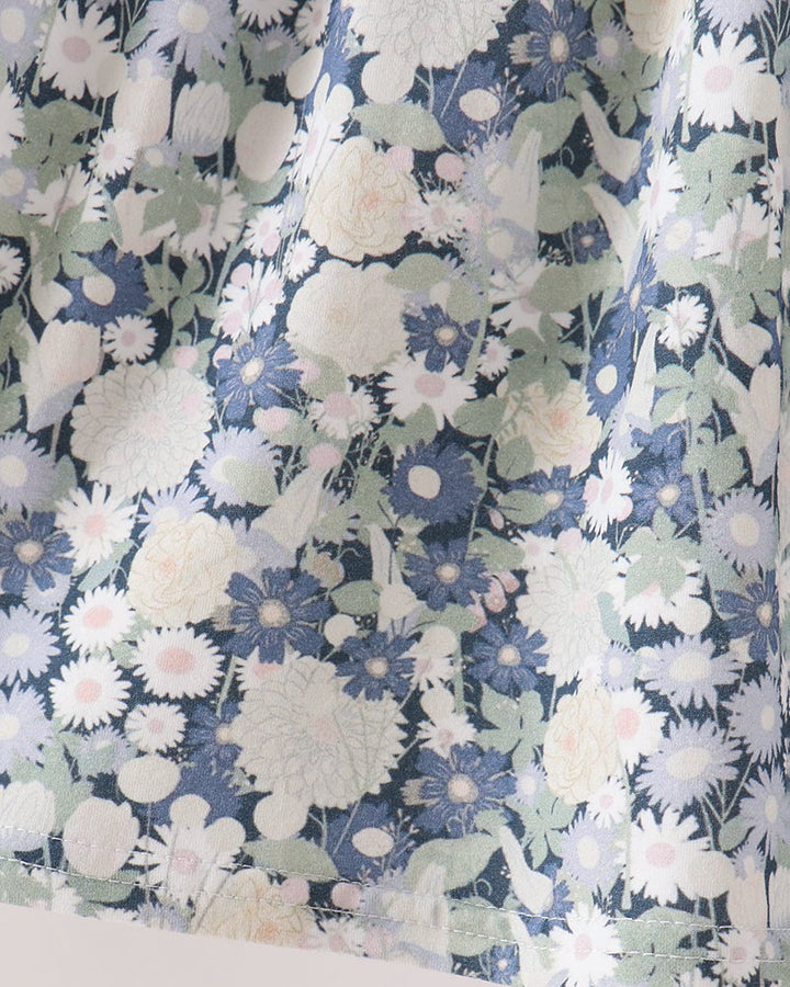 A close-up of a floral fabric print featuring white, light blue, and sage green flowers on a dusty blue background.