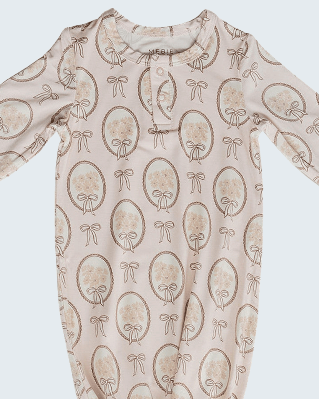 Bamboo knot gown top in light tan with bow and oval print, crew neck, long sleeves