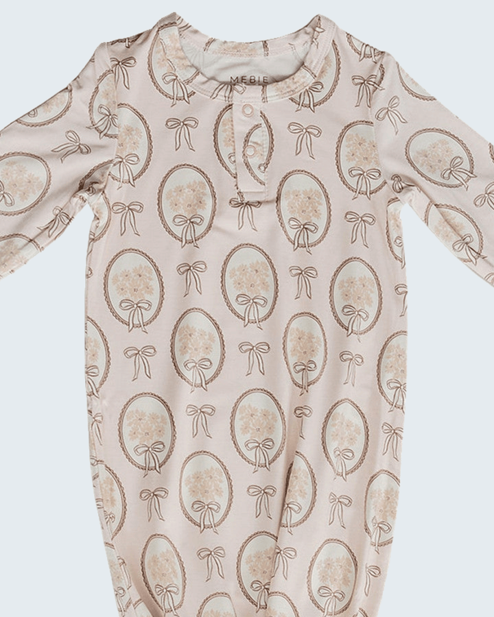 Bamboo knot gown top in light tan with bow and oval print, crew neck, long sleeves