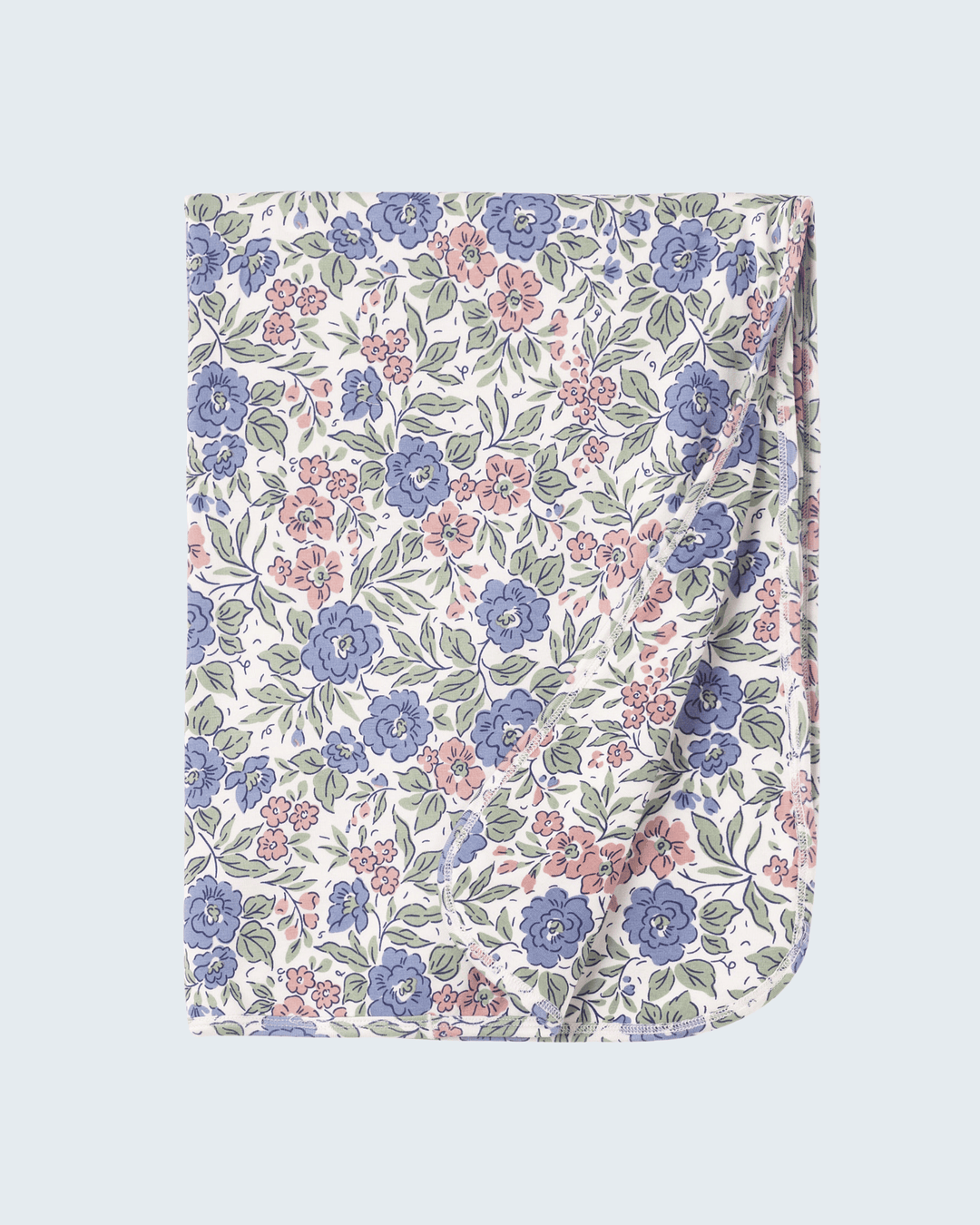 Bamboo baby blanket with vintage floral print in pastel blue and pink flowers