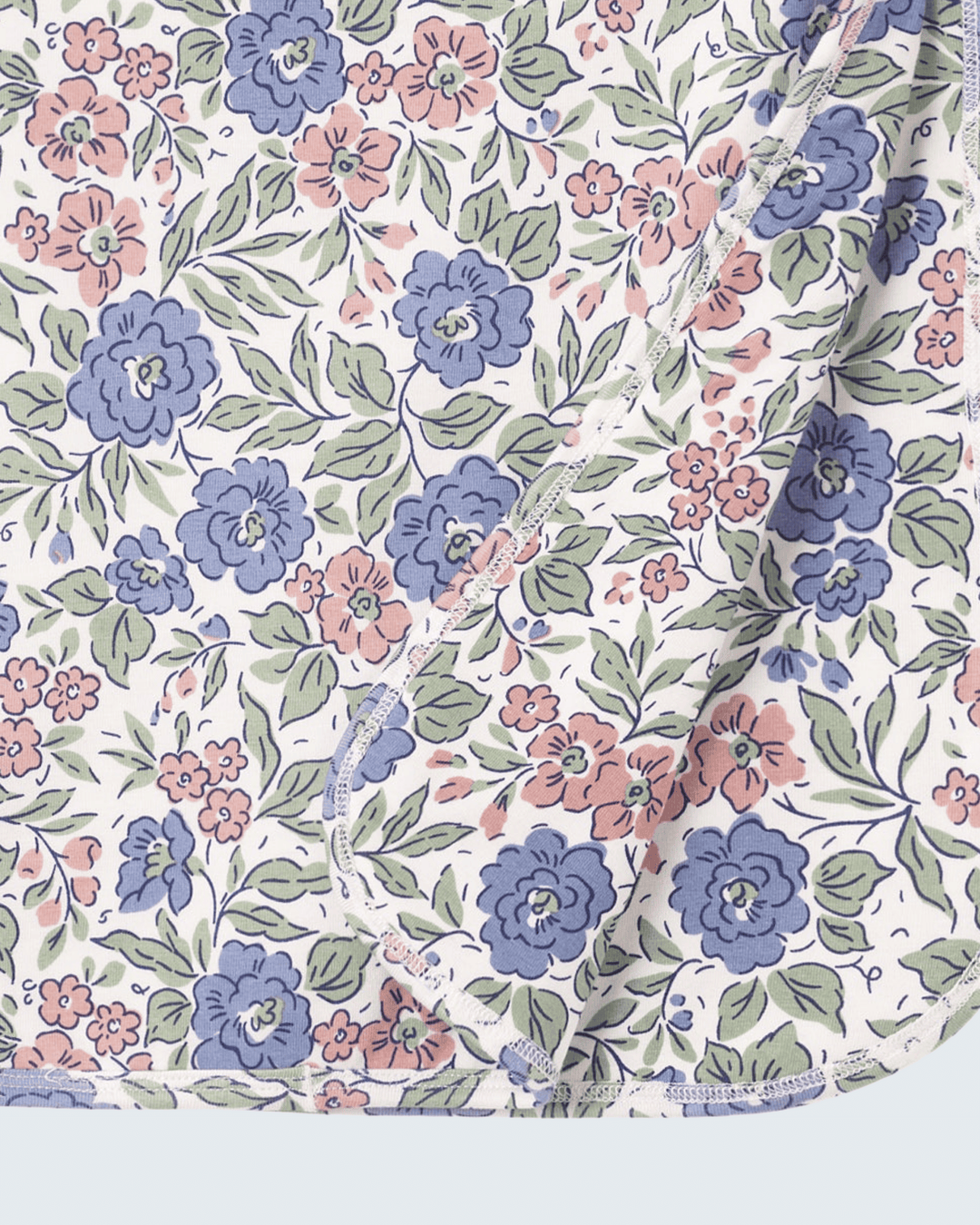 Bamboo baby blanket close-up: vintage floral pattern with stitched edge