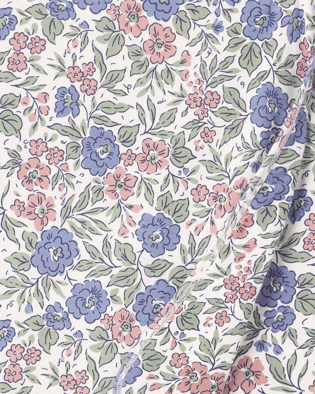Bamboo baby blanket detail: pastel blue and pink floral print with corner seam