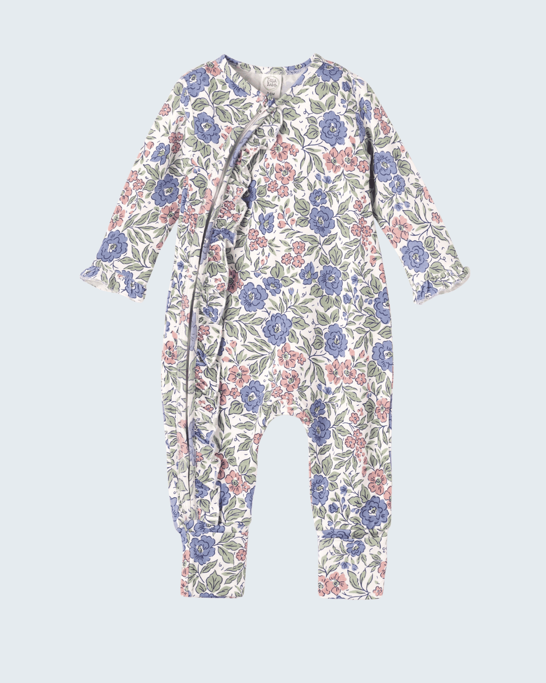 Pastel floral baby zipper romper with long sleeves and full-length front placket