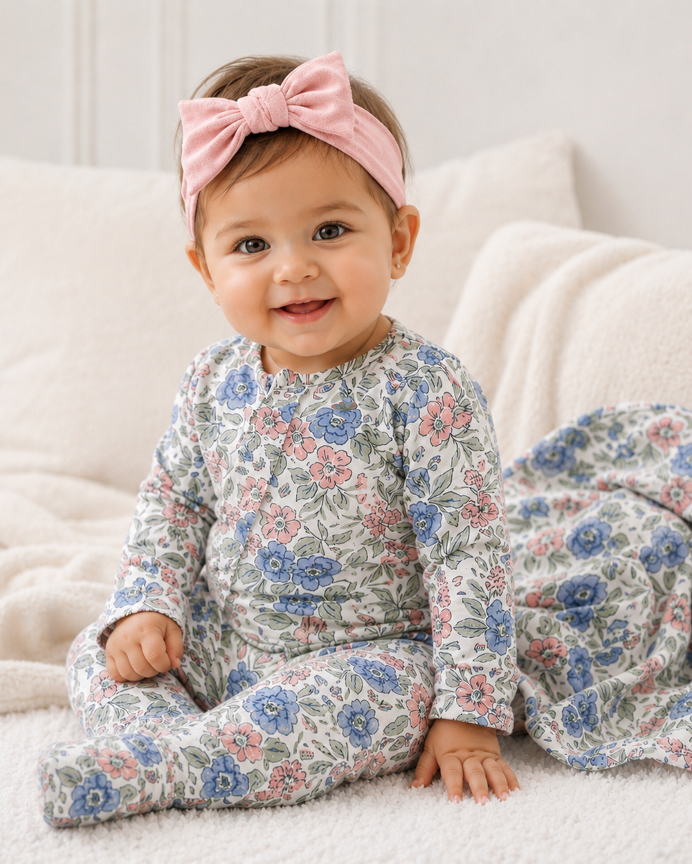 Floral baby romper with front zipper, long sleeves, pastel blue and pink flowers