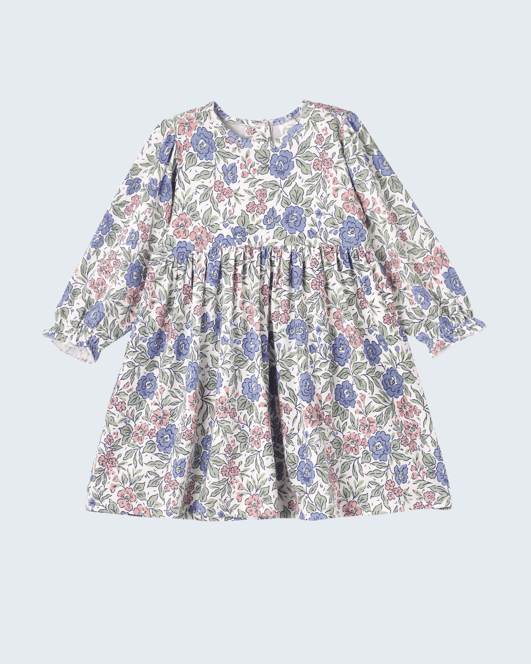 Floral long-sleeve babydoll dress with gathered skirt and ruffled cuffs, pastel print