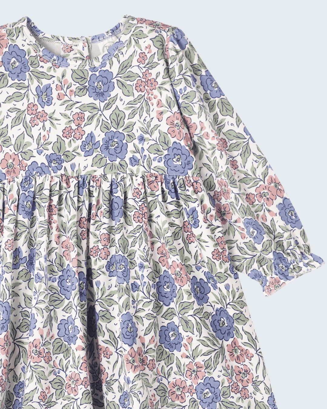 Floral long-sleeve dress with round neckline and gathered bodice, pastel multicolor
