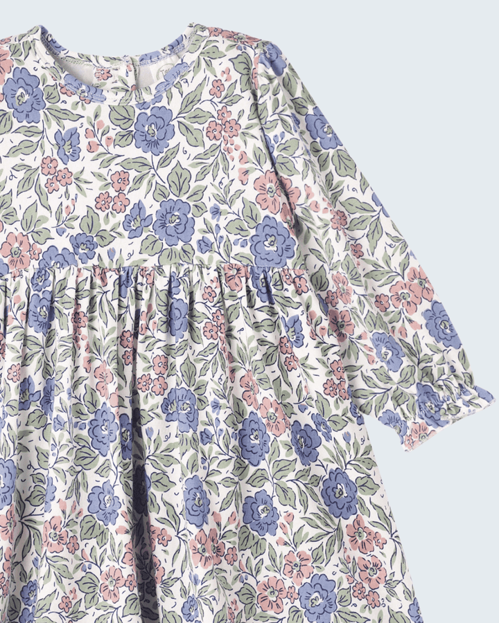 Floral long-sleeve dress with round neckline and gathered bodice, pastel multicolor