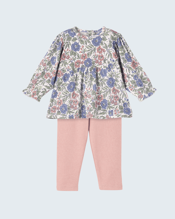 Floral long-sleeve dress top with pink leggings set