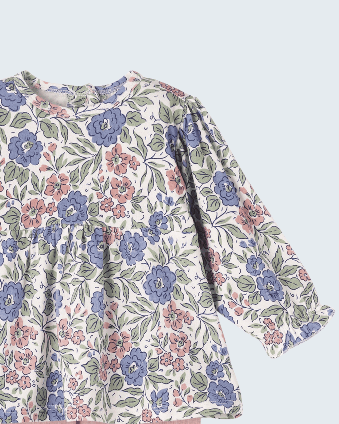 Floral long-sleeve dress top with gathered waist and ruffled sleeves