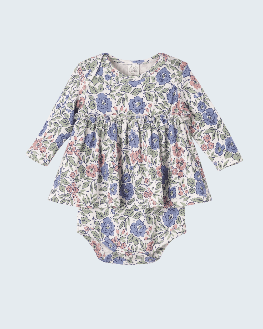 Floral long-sleeve baby bodysuit with gathered waist and skirted bottom