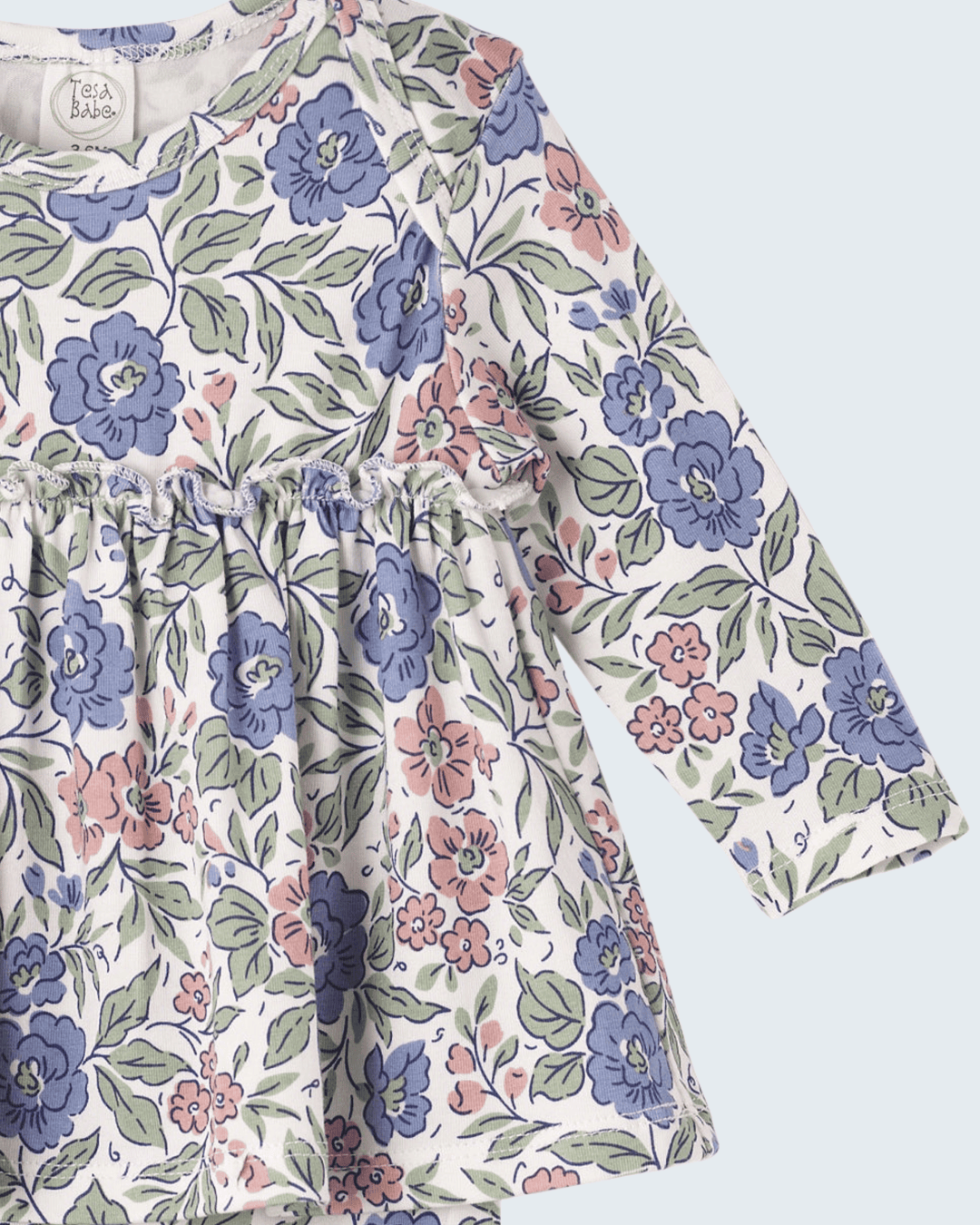 Floral long-sleeve baby bodysuit with gathered yoke and ruffled waist