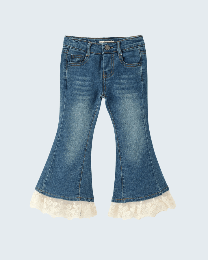 Blue denim flare jeans with scalloped lace trim at hem