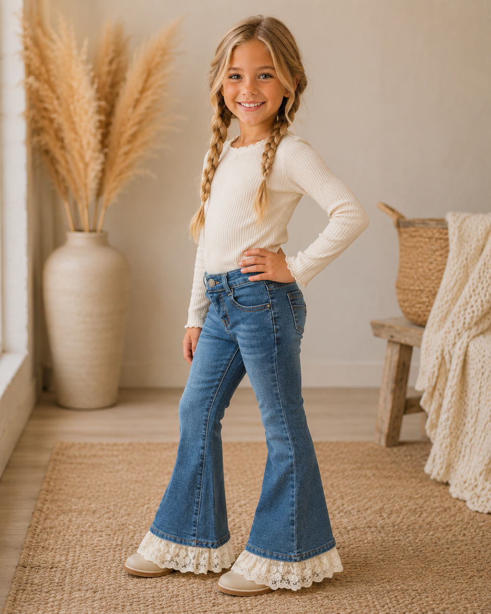 Light blue flare jeans with white lace hem and front pockets