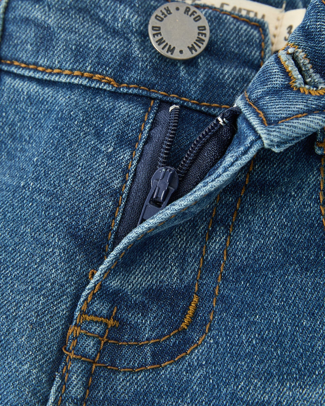 Blue denim jeans close-up: front yoke seam, belt loops, zipper