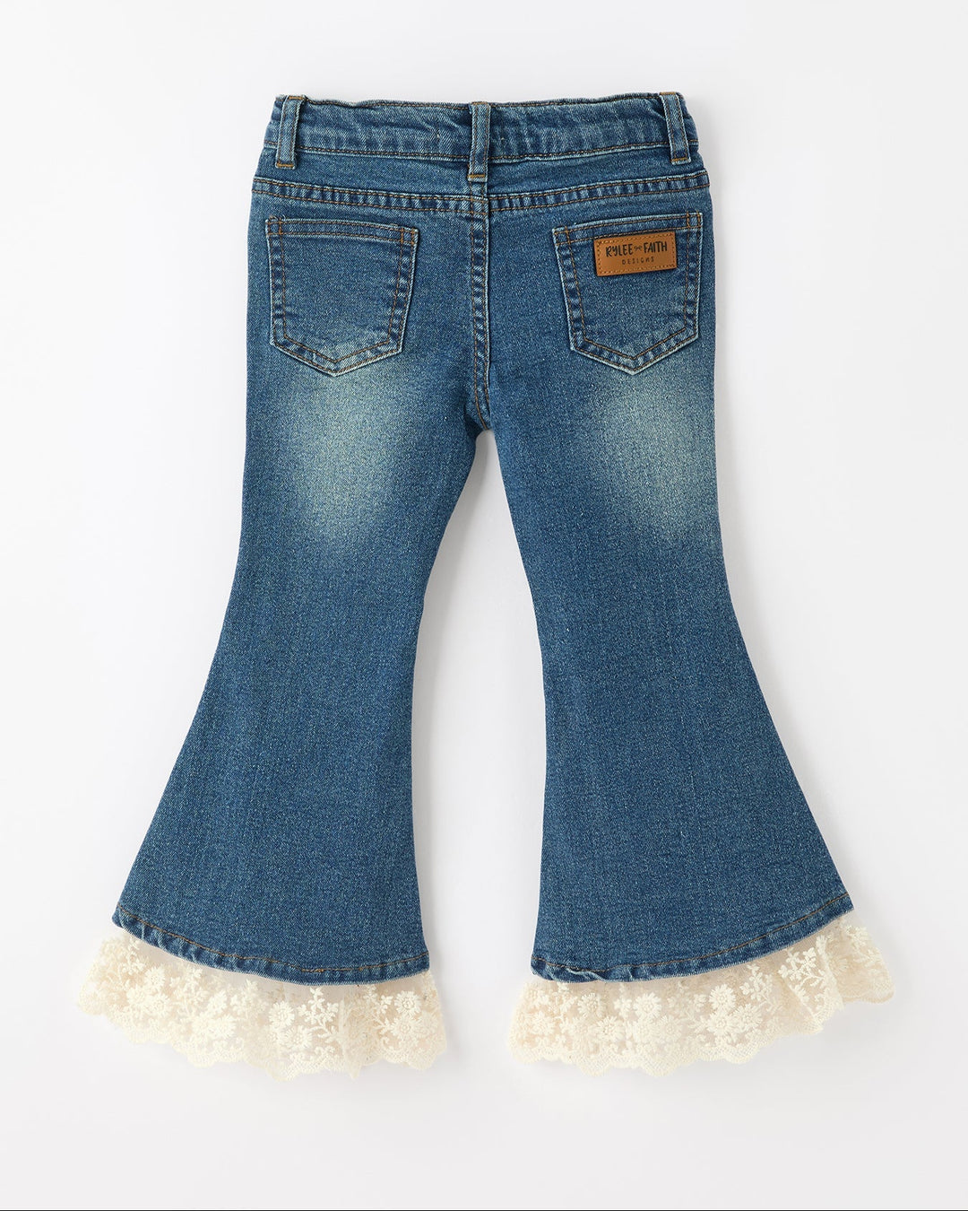 Girls blue denim bell-bottom jeans, rear with lace-trimmed hems