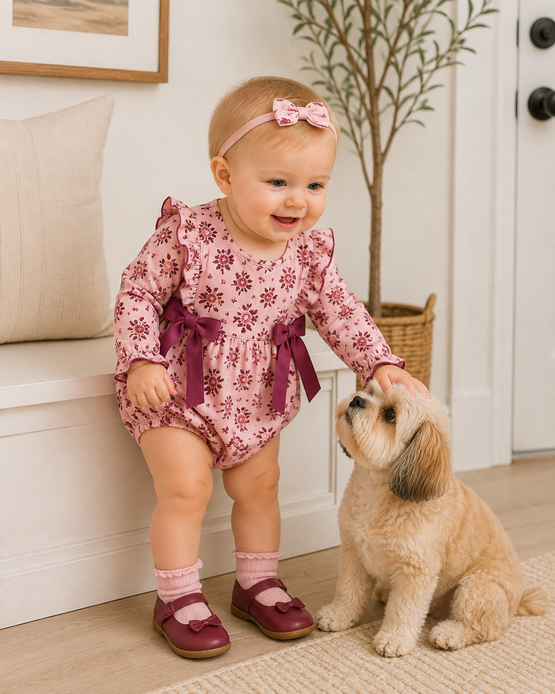 Floral pink long-sleeve romper with ruffled shoulders and two plum waist bows