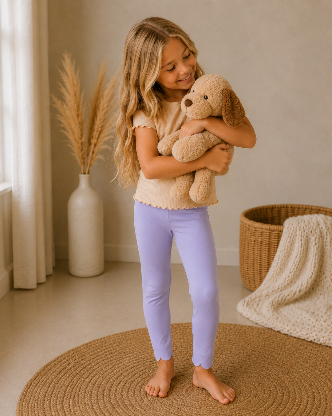 Child holding a teddy bear in a cozy room with a vase and basket in the background.