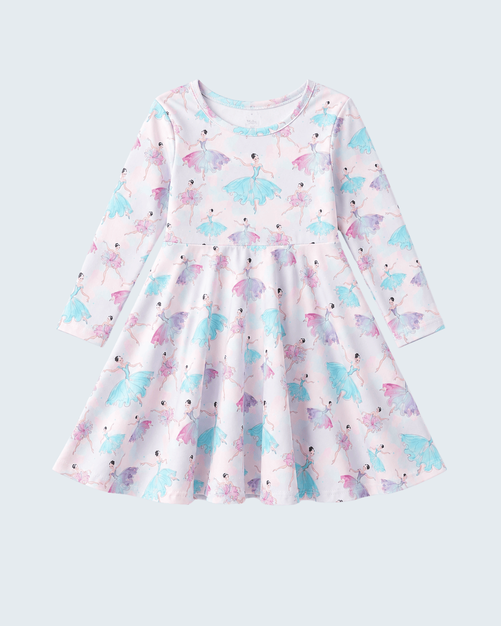 Children's dress with ballerina pattern on a light gray background