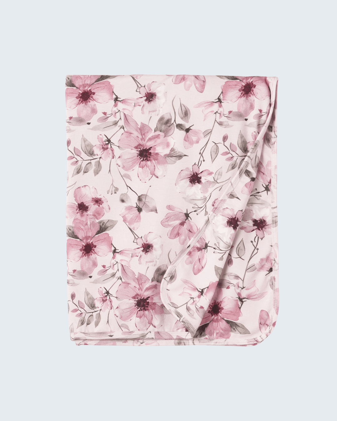 Bamboo baby blanket with watercolor floral print, pink flowers and soft border