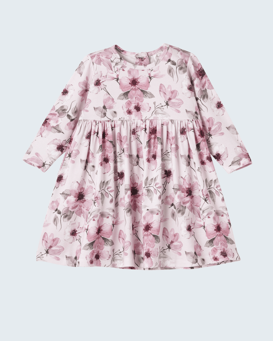 Floral girls bamboo dress, long sleeves, gathered waist, A-line skirt