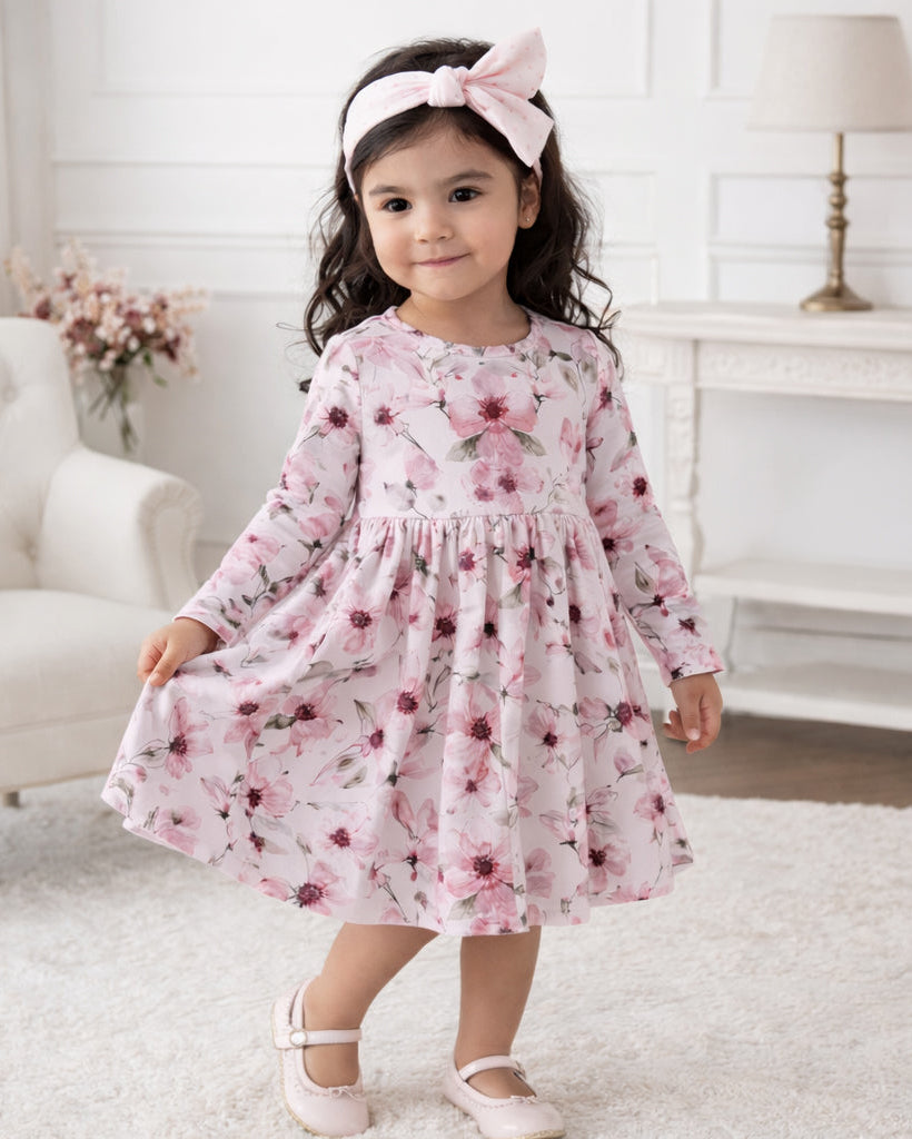 Girls bamboo dress in pink floral watercolor print, long sleeves, A-line hem