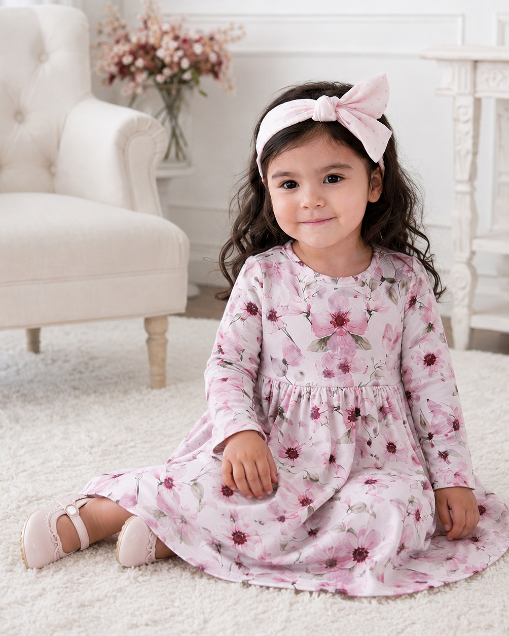 Pink watercolor floral girls bamboo dress, long sleeves, gathered skirt