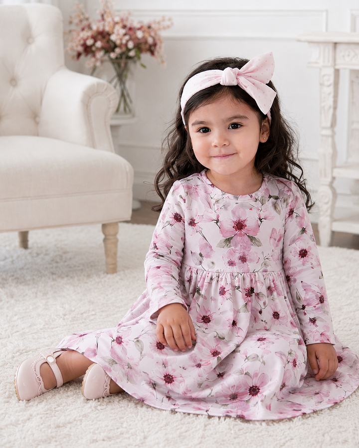 Pink watercolor floral girls bamboo dress, long sleeves, gathered skirt