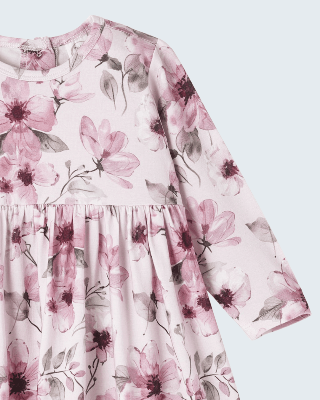 Floral bamboo dress close-up: long sleeves and gathered yoke, round neck